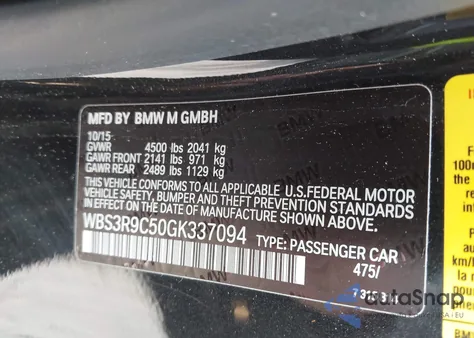 2016 BMW M4 from USA, damaged, VIN WBS3R9C50GK337094